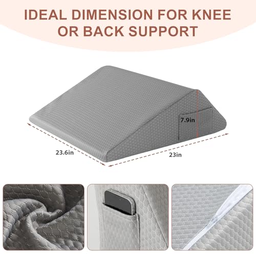Knee Wedge Pillow, Memory Foam Leg Pillow Bed Wedge for Sleeping, Post Surgery Triangle Pillow for Knee Support, Leg Elevation, Hip Back Pain Relief (23.6" x 23" x 7.9", Large Size, Grey)
