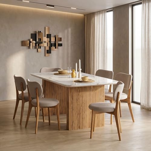 Image of 6 Seater Modern Acacia Wood Dining Table Set with White Marble Top & Upholstered Chairs | Rectangular Solid Wood Dining Table 69x39 Inches | Contemporary Dining Furniture for Home from Jodhpur