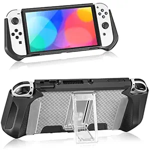 Fintie Case for Nintendo Switch OLED Model 2021 w/Fixed Stand, [Shock Proof] Protective Cover w/Hard Matte Clear Back Panel & Soft TPU Bumper, Ergonomic Grip for Switch OLED Model Console, Black