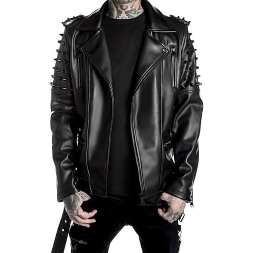 Men's Brando Notch Lapel Collar Punk Studded Spikes Real Motorbike Black Leather Jacket Rider Rock Classic Streetwear - Main Image