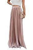 ebossy Women's High Waist Flowy Pleated Chiffon Maxi Skirt (Large, Pink)