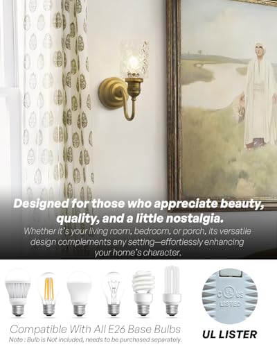 Image of Vintage Gold Sconces with Clear Glass Shade, Indoor Hardwired | wall mounted light for bathroom mirror, living room, bedroom, kitchen,easy install & clean,rustproof,hand glass,E26, UL