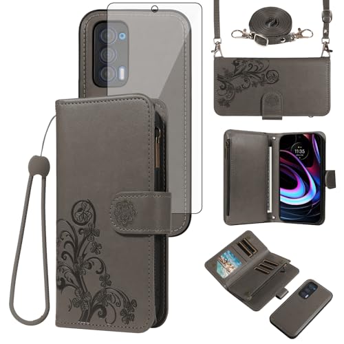 Housse Motorola Edge 2021 portefeuille amovible sangle bandoulière fleurs chic