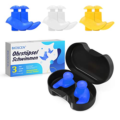 BIOSCEN Tapones Oidos Natación, 3 Pares de Tapones para los Oídos Impermeables y Reutilizables, Tapones Oidos Silicona para Nadadores, Duchas, Surf, y Otros Deportes Acuáticos, con Caja de Almacenaje