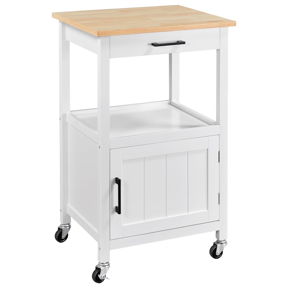 Yaheetech Chariot de Cuisine en Bois, 55x 45x 89cm, Blanc | Desserte Roulante à 1 Tiroir et 1 Armoire, Meuble de Rangement Cuisine avec 3 Crochets et Verrouillage Magnétique
