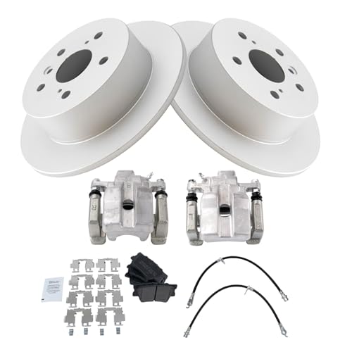 Image of TRQ Rear Brake Pad and Rotor Set Semi Metallic Coated Rotors Calipers Compatible with 2013-2015 Toyota Avalon 2012-2017 Camry