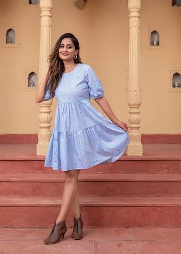 Image of Juniper Women's Sky Blue & White Striped Cotton Short Dress