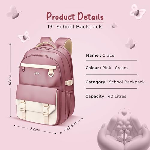 Image of Gear Grace 19 inch /40L Large Water Resistant School Bag | Casual Backpack | Daypack | Travel Backpack | Kids Bag for Boys /Girls (Pink - Cream)