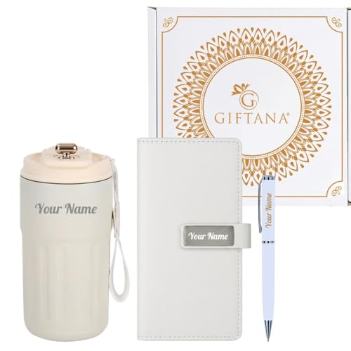 Image of Giftana Personalized Diary with Pen, Coffee Tumbler with Name, 3 in 1 Diary, Pen, Tumbler, Personalized Gifts for Husband Birthday, New Year Corporate Gifts for Employee (White 1)
