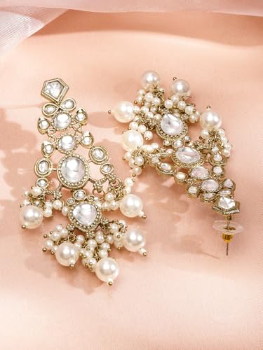 Image of Rubans Long Dangler Earrings Kundan & Pearl Ethnic Jewellery Gift for Women & Girls