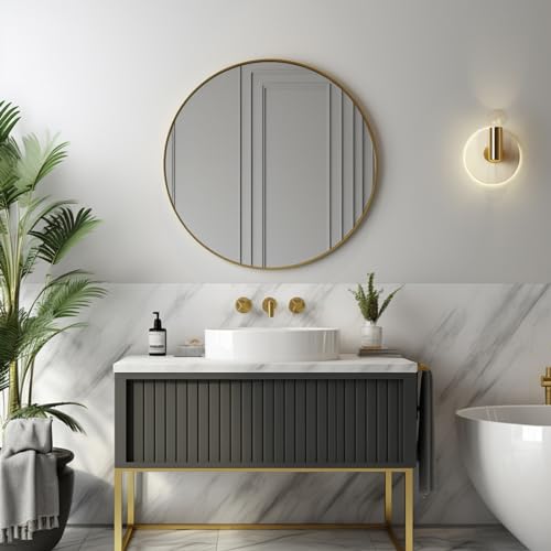 Image of Sunniry Gold Circle Mirror, Round Mirror 22 inch, Gold Wall Mirrors Brushed Metal Frame, Circle Mirrors for Bathroom, Bedroom, Living Room, Entryway.
