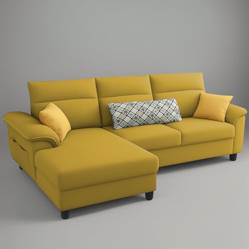 Image of Casaliving Seams LHS 4 Seater L Shape Sofa for Living Room (Yellow Fabric) Premium Fabric Sofa