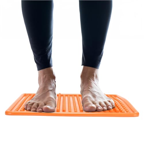 POWRX Akupressurmatte, Fußmassage, Polyvinylchlorid Material, Entlastung und Entspannung, für empfindliche Füße, abgerundete Foot Pain Massagepunkte, 35x2x28 cm - Orange