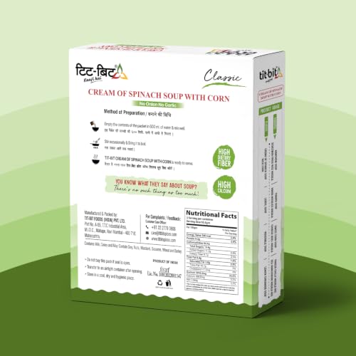 Image of Tit-Bit Cream of Spinach Soup with Corn, No Onion No Garlic, Ready-to-Cook Soup Mix, No Added MSG, No Trans Fat, No Added Preservatives, Pack of 5, 50g Each