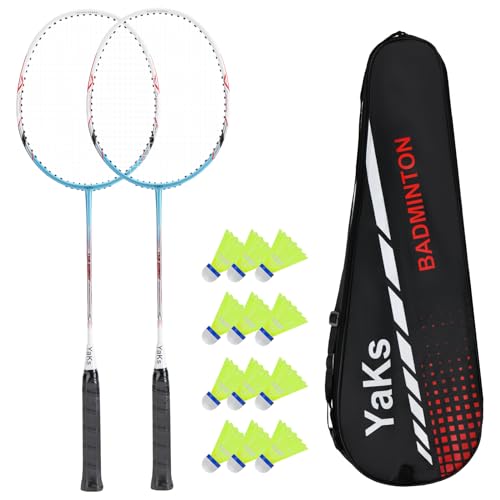 YAKS 2 Pack Badminton Racquet, Professional Full Carbon-Fiber Badminton Rackets Set with 12 Badminton & Carrying Bag