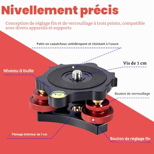 Tripod Leveling Base, Camera Leveler with Bubble Level 3 Axis Tri Wheel Head 3/8" Thread +/-5° Adjustable Precise Angle Aluminum Alloy Tripod Head Leveling Base for Macro Panoramic Photography - 3