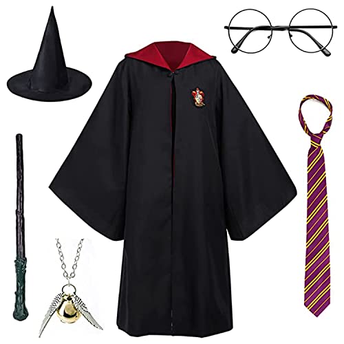 Wizard Robe Costume Cosplay Set Hogwarts Wizarding World Costume Robes for Kids & Adults Dress Up Accessory Include with Striped Tie Glasses Frame Wizard Hat Magic WandPendant (Kids L)