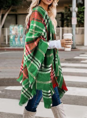 Image of Bestshe Women's Boho Open Front Poncho Plaid Shawl Wrap Cape | Tassel Cardigan Sweater, Cozy Layering, Fall Winter Clothes for Women