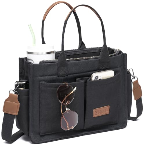 ZHMO Canvas Tote Bag for Women With Compartments and Zipper,Black Women's Bags Crossbody Bags Work Laptop Tote Bag Large Satchels Handbag Tote Purse Everyday Shoulder Bag for Travel Nurse Teacher Gift