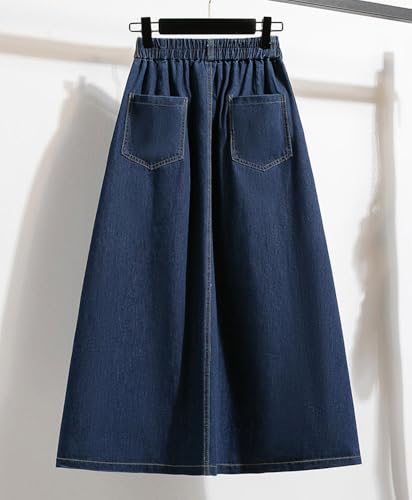 chouyatou Women's Retro Button Elastic Waist Denim Skirt A-Line Pleated Midi Long Jean Skirt with Pockets2