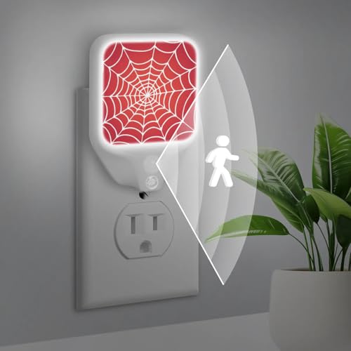 Image of Plug-in Led Night Light with Auto Dusk to Dawn Sensor for Room Decor, Red Spider Web Adjustable Brightness Warm White Lights for Hallway,Bedroom, s Room, Kitchen, Stairway