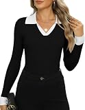 Zeagoo Womens 2026 Sweater Tops Long Sleeve V Neck Ribbed Knit Slim Fitted Casual Work Basic Shirts Black White Colorblock M