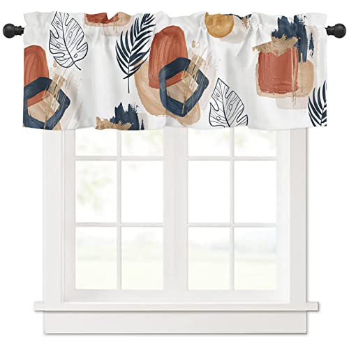 Mid Century Valance Curtain For Kitchen,Boho Tropical Leaf Window Valances Rod Pocket Short Curtain,Abstract Geometric Terracotta Aesthetic Privacy Panel Window Treatment For Bedroom Bathroom 54X18In #TOP3
