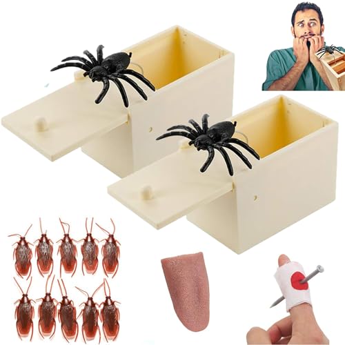 WZBBJuser Araña Broma, Caja de Araña, Spider Prank Box Incluir Caja con Araña Broma Lengua Falsa Cucaracha Falsa Uñas de Broma, Artículos de Broma, Regalos Sorpresa para Niños y Adultos