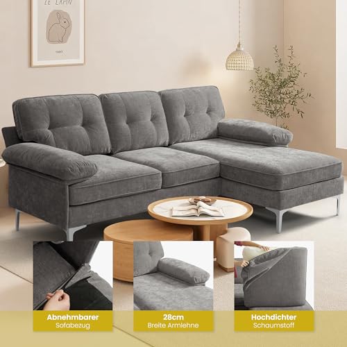 DUANDUAN Ecksofa 3-Sitzer Sofas 210cm breit Polsterecke mit Federkern Kissen und Rückenlehnen abnehmbar und waschbar - Chaiselongue beidseitig montierbar Couch L-Form fürs Wohnzimmer (Grau)