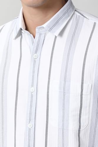 Image of Peter England Men's Linen Blend Shirt | Subtle Stripes | Full Sleeves