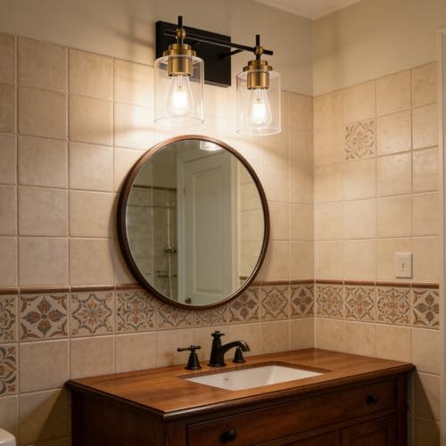 Image of SOLFART Vanity Lights Bathroom Light Fixtures: 2-Light Black and Gold Vanity Lighting Fixtures Bathroom Lighting Fixtures Over Mirror Clear Glass Shades(Bulbs Not Included)