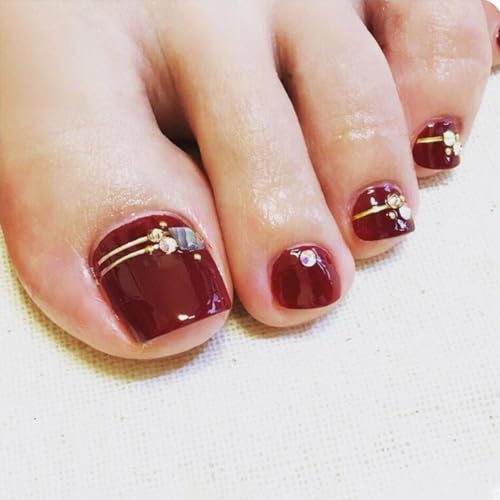 NICENEEDED 24 Pieza Uñas de los Pies A Presión Color Vino Tinto con Diamantes de Imitación, Uñas Postizas Cuadradas con Punta Francesa Y Cobertura Total