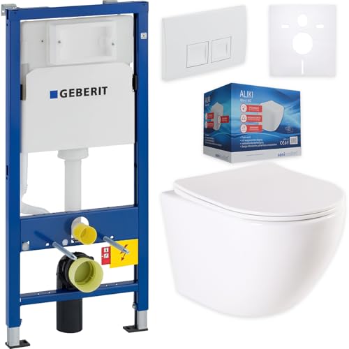 sanicomfort Geberit Duofix Basic Wand-WC Komplettset Aliki spülrandlos mit Delta 25 Platte weiß – Hänge-WC inkl. Soft-Close WC-Sitz & Schallschutz – Vorwandelement Set für Badezimmer & Gäste-WC