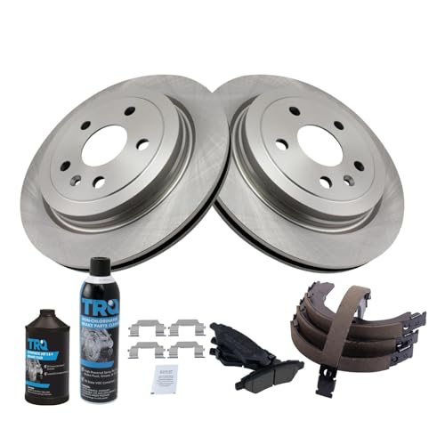 Image of TRQ Rear Brake Pad & Rotor Kit, with Chemical Kit Parking Brake Shoe Set Ceramic Compatible with 2008-2014 Cadillac CTS