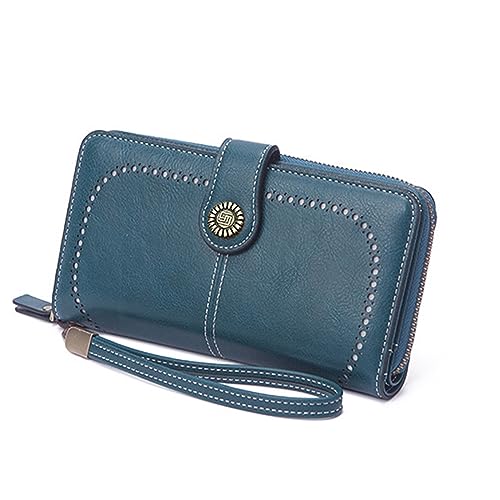 Image of Mokoze Wallet for Women, PU Leather Large Capacity Wallets with Wrist Strap and Zipper for Hold Credit Cards /Cell Phones /Keys, Girlfriends Mother's Day Gifts, Blue, 7.48 inch x 4.13 inch x 1.18 inch, Bifold
