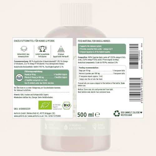 AniForte Bio Ägyptisches Schwarzkümmelöl für Hunde & Pferde 500ml - Kaltgepresstes, natürliches Schwarzkümmel Öl, Barf Zusatz in Premium Qualität, Recyclebare Verpackung