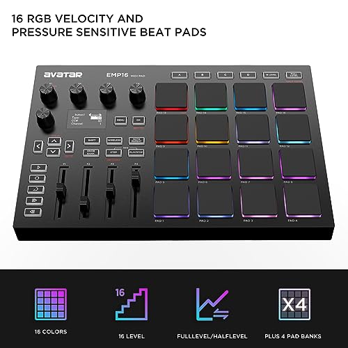 emp16 midi pad controller beat maker machine with bluetooth 16 rgb velocity sensitive beat pads 16 level fullhalf level oled display midi inout