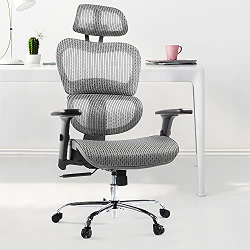 Image of Ergonomic Chair, High Back Executive Style, Modern Office Chair with Lumbar Support, Breathable Mesh Covering, Fully Adjustable Armrests, Height and Headrest, Grey
