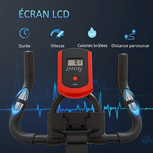 HOMCOM Vélo d'appartement vélo de Fitness avec écran LCD multifonctions capteur de fréquence cardiaque selle et guidon réglables poids volant inertie 6 Kg acier noir et rouge – Image 5