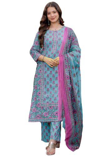 Image of Amayra Women's Pure Cotton Straight Kurta Set with Palazzo Pants & Dupatta|Kurta Set for Women