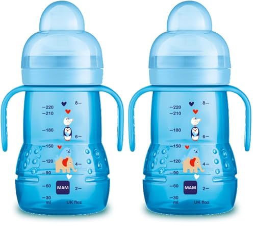 Image of MAM Plastic Trainer Cup (1 Count), Trainer Drinking Cup with Extra-Soft Spout, Spill-Free Nipple, and Non-Slip Handles, for Boys 4+ Months, Eight Ounces, Designs May Vary (Pack of 2), Blue