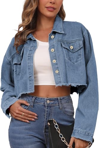 Jean Jacket Women Cropped Denim Jackets 2025 Button Down Long Sleeve Fitted Crop Top Frayed Hem Jean Coat(Blue,L)