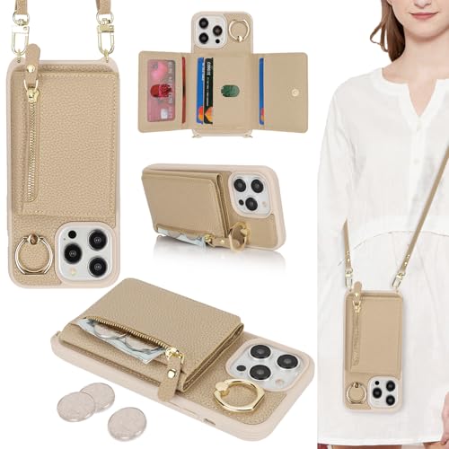 ELTEKER Handyhülle für iPhone 14 Pro Max Hülle mit Band Kartenfach Ringhalterung Geldbörse Leder Klapphülle Umhängetasche Handytasche für iPhone 14 Pro Max - beige