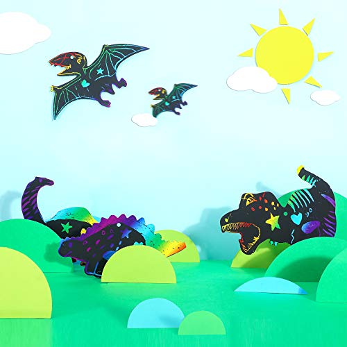 outus 120pcs scratch dinosaur craft art kits for kids with 48 scratch dinosaur paper24 wooden styluses and 48 ribbons for theme birthday party game supplies