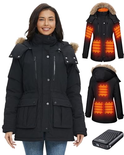 GOTOBI Veste Chauffante Femme Avec Batterie, 8 Zones de Chauffage, Avec 3 Niveaux De Tempé,Parka longue,Manteau Hiver Femme chaud et imperméable à capuche amovible en fausse fourrure,Noir,M