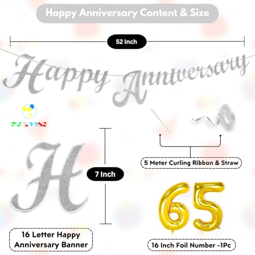 Image of Flyloons 65th Happy Anniversary Banner Silver Decorations Kit for Men Women Wedding Anniversary Banner Items without Balloons