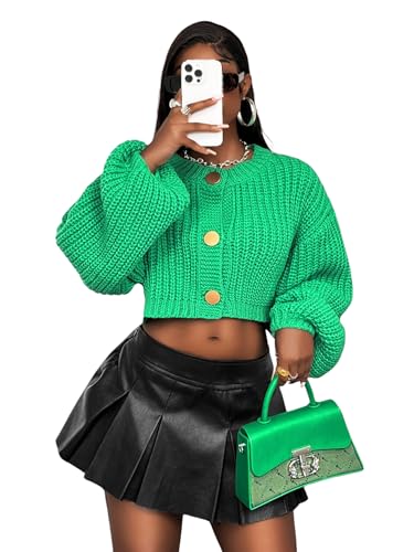 SEGT Women's Women's Chunky Knit Crew Neck Short Cardigan Button Long Sleeve Sweater Comfortable Knit Outerwear