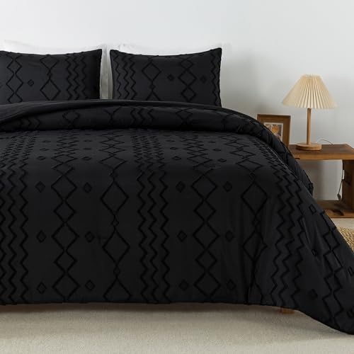 Image of Andency Black Tufted Comforter Set Queen(90x90Inch), 3 Pieces(1 Tufts Comforter, 2 Pillowcases) Boho Textured Farmhouse Bed Set, Down Alternative Geometric Bedding