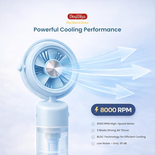 Image of Desidiya Mini Portable USB Rechargeable Hand Fan With Mist Diffuser 8000 RPM, 1200mAh Rechargeable Battery, Up to 6H Runtime, 3 Speed Modes With Mist Button Hand Fans for Summer, Blue Colour