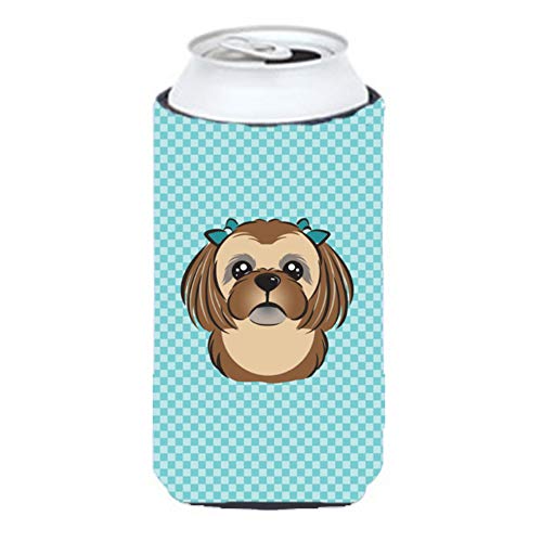 Caroline's Treasures BB1187TBC Checkerboard Blue Chocolate Brown Shih Tzu Tall Boy Hugger Can Cooler Sleeve Hugger Machine Washable Drink Sleeve Hugger Collapsible Insulator Beverage Insulated Holder